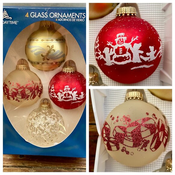 4 Vintage HOLIDAY TIME Christmas Glass Ball Ornaments Boxed Snowman Glitter USA - Picture 1 of 8